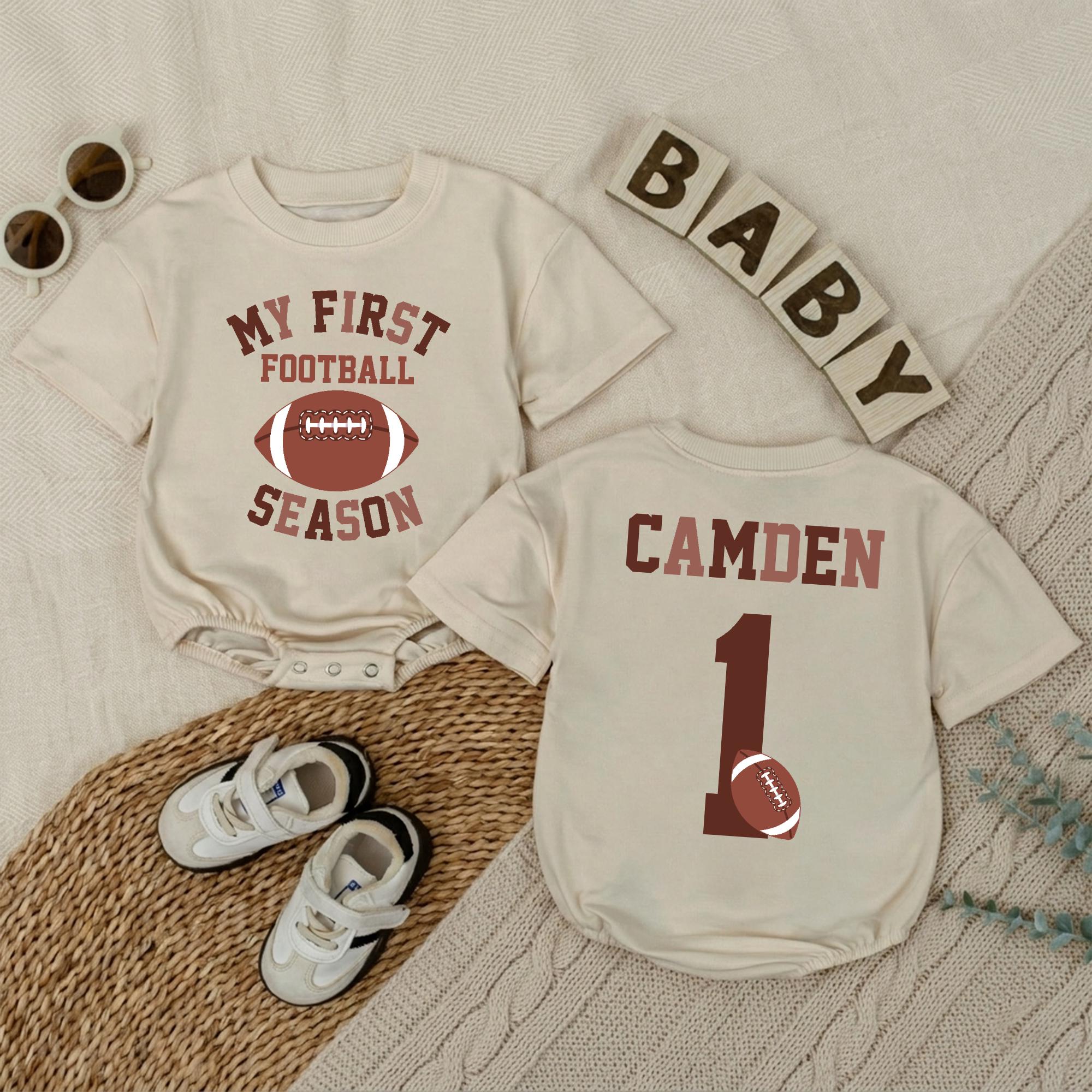 Personalized My First Football Season Baby Romper with Name and Number, Custom Football Bodysuit for Baby Shower or Sports Lover Gift