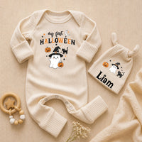 Personalized My First Halloween Baby Bodysuit, Custom Name Doodle Ghost Newborn