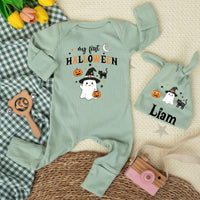 Personalized My First Halloween Baby Bodysuit, Custom Name Doodle Ghost Newborn