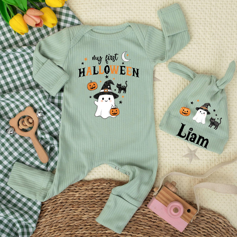 Personalized My First Halloween Baby Bodysuit, Custom Name Doodle Ghost Newborn