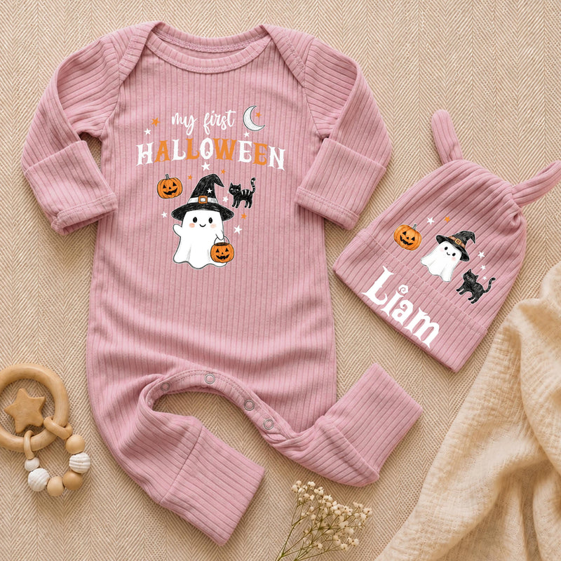 Personalized My First Halloween Baby Bodysuit, Custom Name Doodle Ghost Newborn