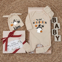 Personalized My First Halloween Baby Bodysuit, Custom Name Doodle Ghost Newborn
