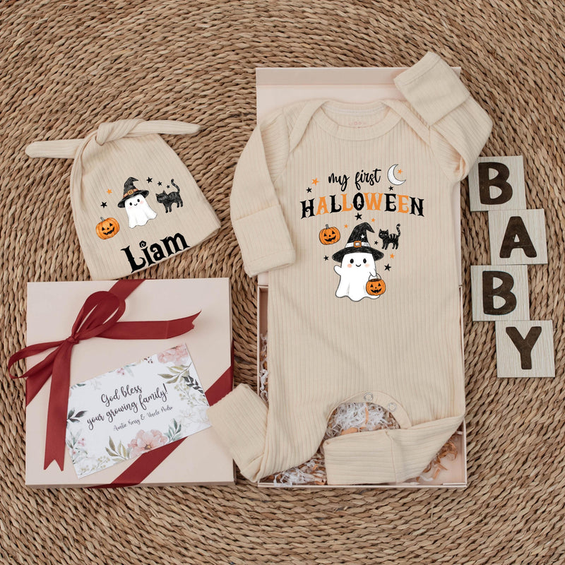 Personalized My First Halloween Baby Bodysuit, Custom Name Doodle Ghost Newborn