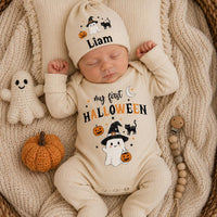Personalized My First Halloween Baby Bodysuit, Custom Name Doodle Ghost Newborn