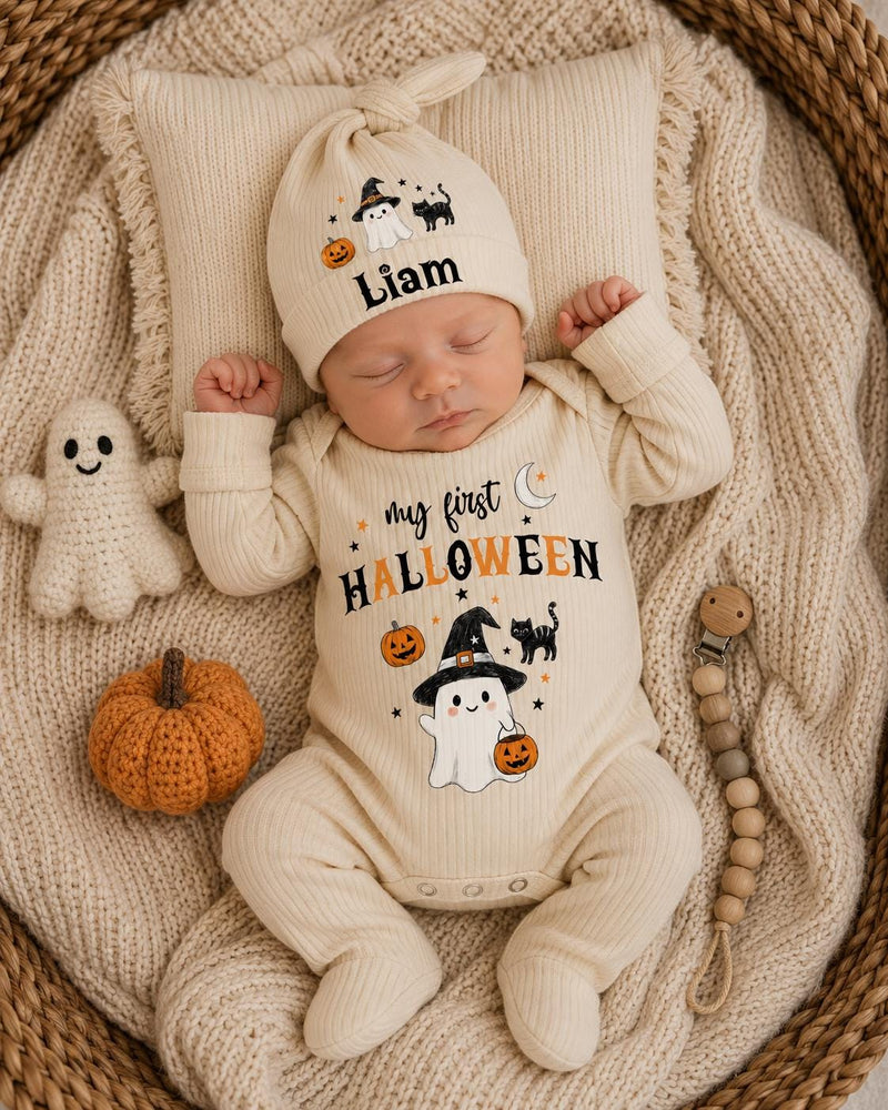 Personalized My First Halloween Baby Bodysuit, Custom Name Doodle Ghost Newborn