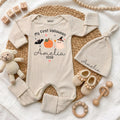 Personalized My First Halloween Baby Bodysuit with Pumpkin & Ghost, Soft Cotton Newborn Outfit, Custom Name Hat, Baby Shower Gift