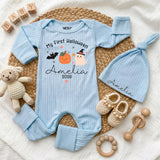 Personalized My First Halloween Baby Bodysuit with Pumpkin & Ghost, Soft Cotton Newborn Outfit, Custom Name Hat, Baby Shower Gift