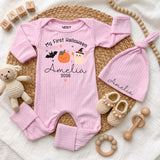 Personalized My First Halloween Baby Bodysuit with Pumpkin & Ghost, Soft Cotton Newborn Outfit, Custom Name Hat, Baby Shower Gift