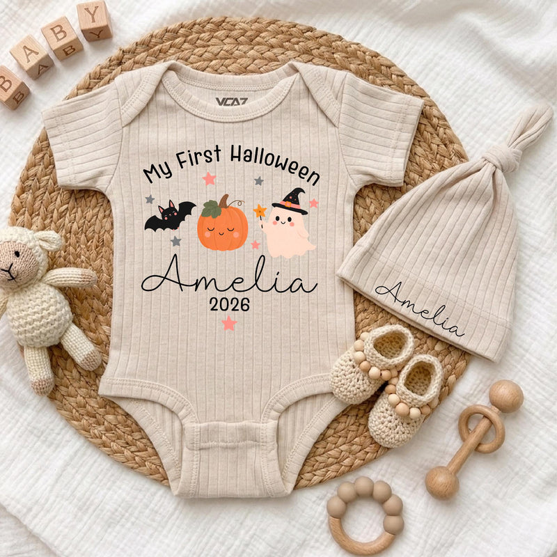Personalized My First Halloween Baby Bodysuit with Pumpkin & Ghost, Soft Cotton Newborn Outfit, Custom Name Hat, Baby Shower Gift