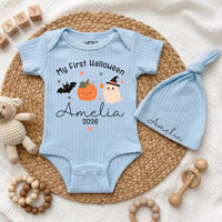 Personalized My First Halloween Baby Bodysuit with Pumpkin & Ghost, Soft Cotton Newborn Outfit, Custom Name Hat, Baby Shower Gift