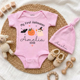 Personalized My First Halloween Baby Bodysuit with Pumpkin & Ghost, Soft Cotton Newborn Outfit, Custom Name Hat, Baby Shower Gift
