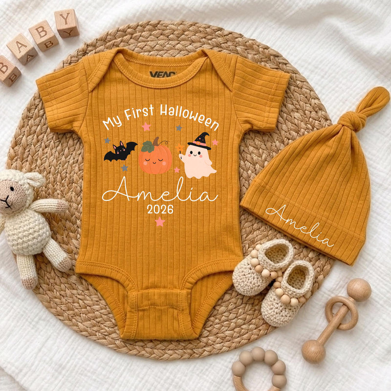 Personalized My First Halloween Baby Bodysuit with Pumpkin & Ghost, Soft Cotton Newborn Outfit, Custom Name Hat, Baby Shower Gift