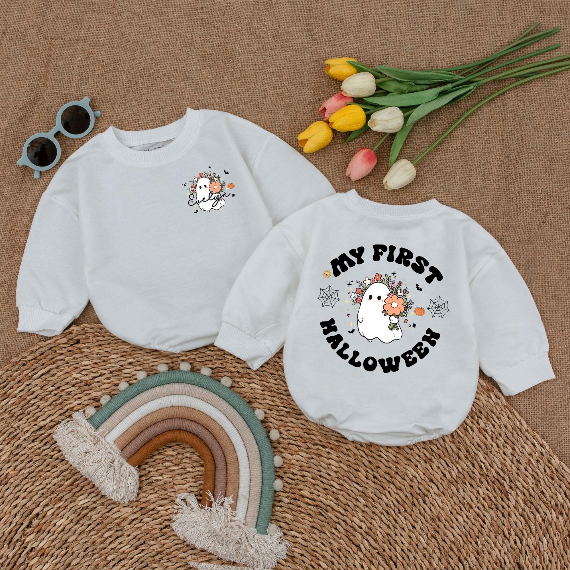 Personalized My First Halloween Baby Romper Cute Ghost Flower Design Infant Outfit Soft Cotton Fall Baby Shower Gift