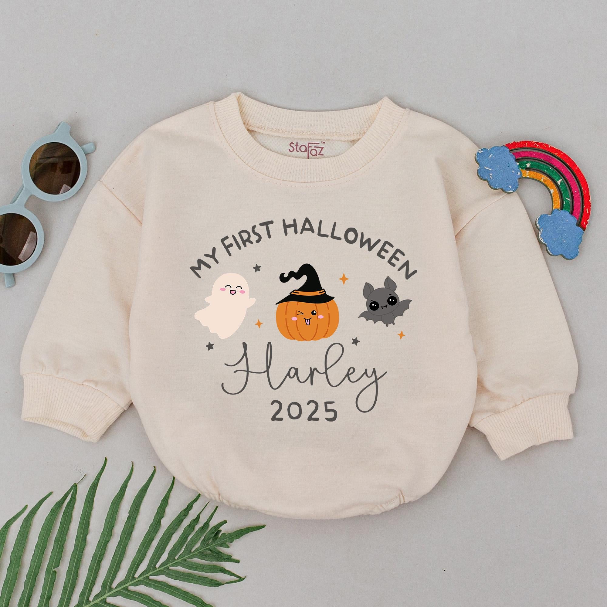 Personalized My First Halloween Baby Romper with Name and Year Cute Pumpkin Ghost Bat Design Cotton Outfit Holiday Gift Idea