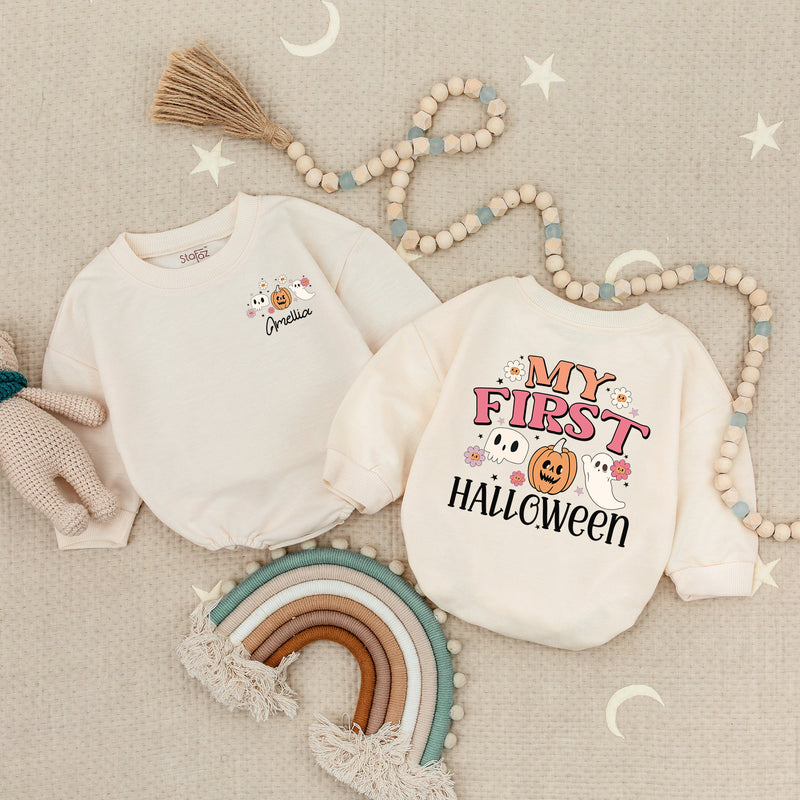 Personalized My First Halloween Baby Romper with Pumpkin Ghost Design Infant Fall Outfit Soft Cotton Toddler Costume Festive Celebration