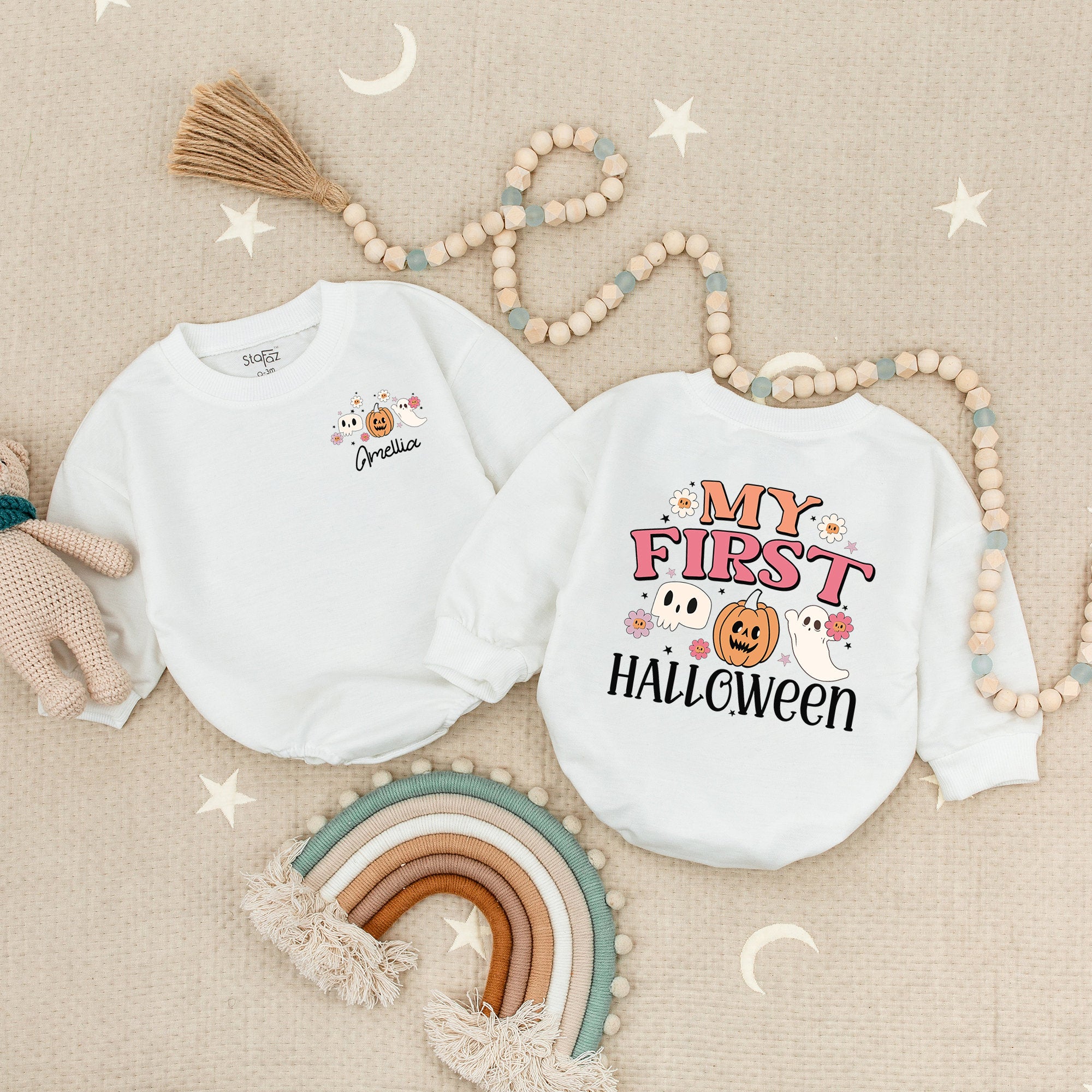 Personalized My First Halloween Baby Romper with Pumpkin Ghost Design Infant Fall Outfit Soft Cotton Toddler Costume Festive Celebration