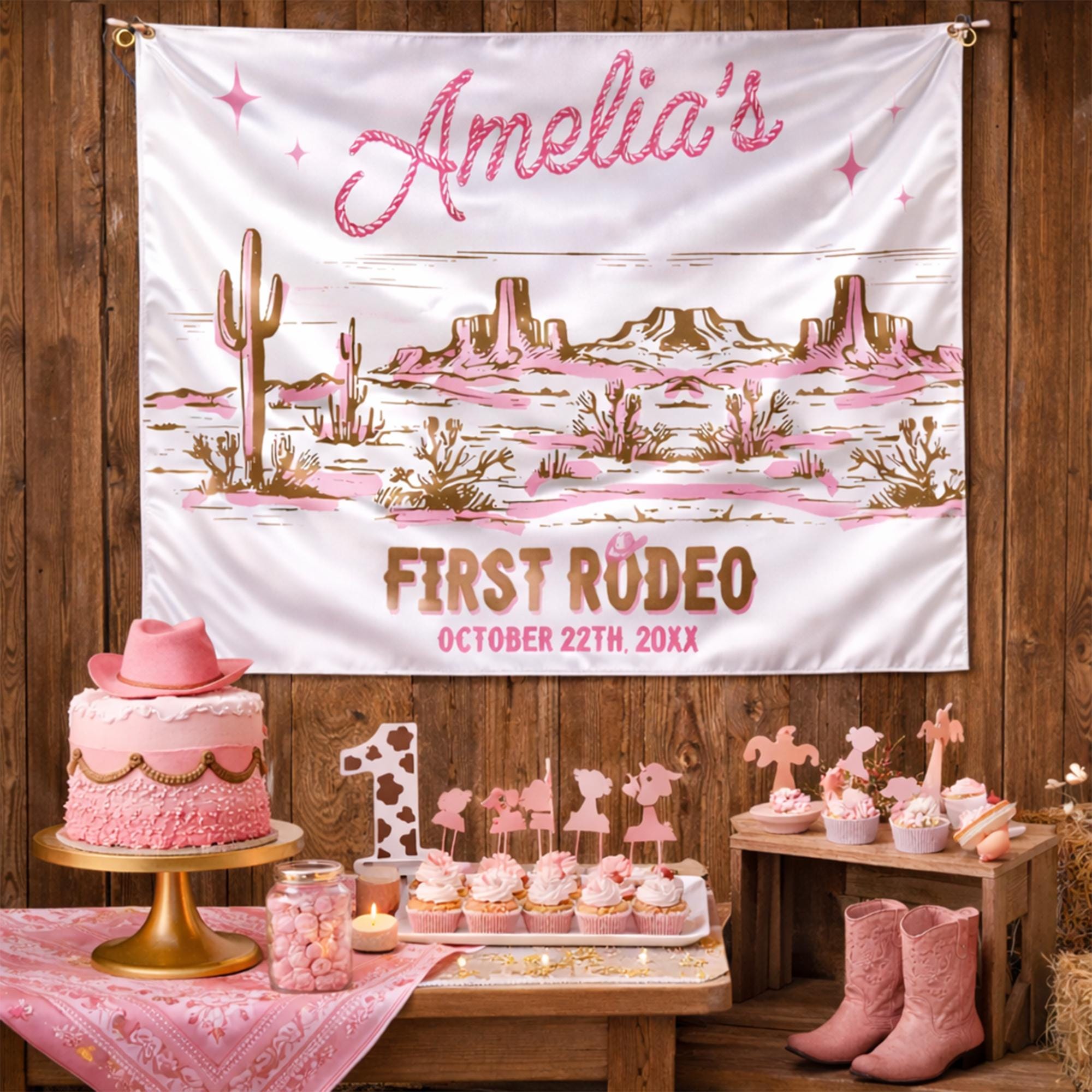 Personalized My First Rodeo 1st Birthday Silk Banner for Baby Girl Party, Pink and Gold Western Cowgirl Backdrop with Custom Name and Date