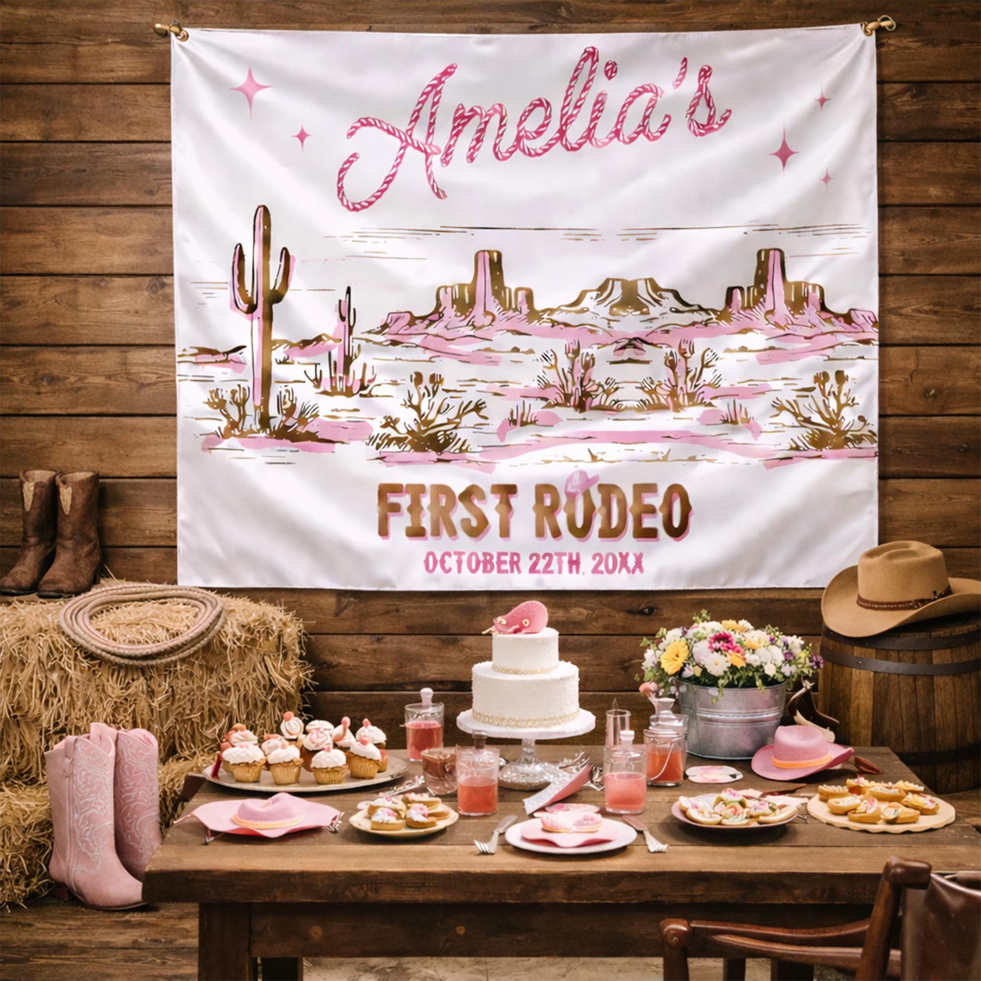 Personalized My First Rodeo 1st Birthday Silk Banner for Baby Girl Party, Pink and Gold Western Cowgirl Backdrop with Custom Name and Date