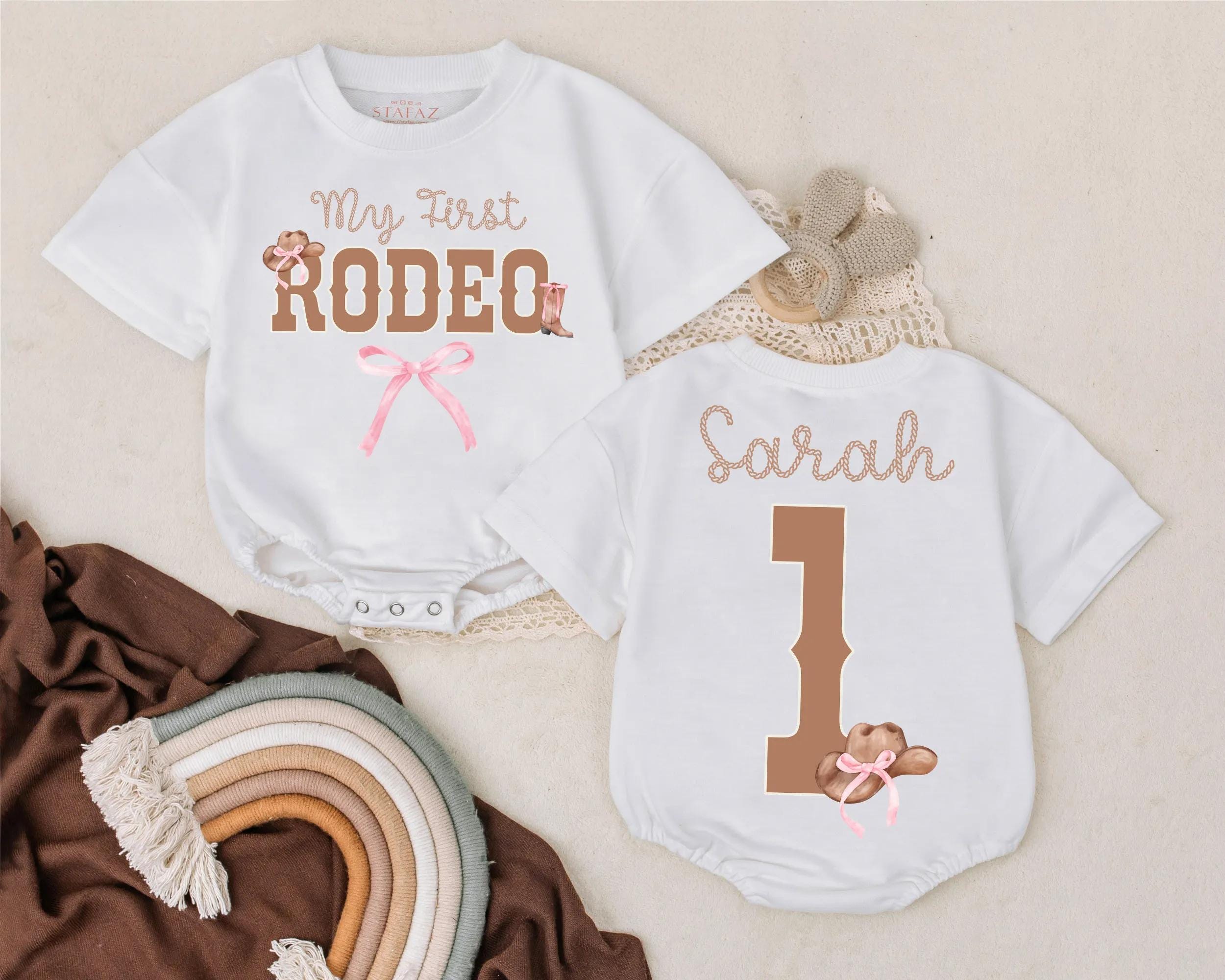 Personalized My First Rodeo Baby Bodysuit with Cowboy Hat Horseshoe Pink Bow Custom Name Birthday Outfit Western Gift Idea