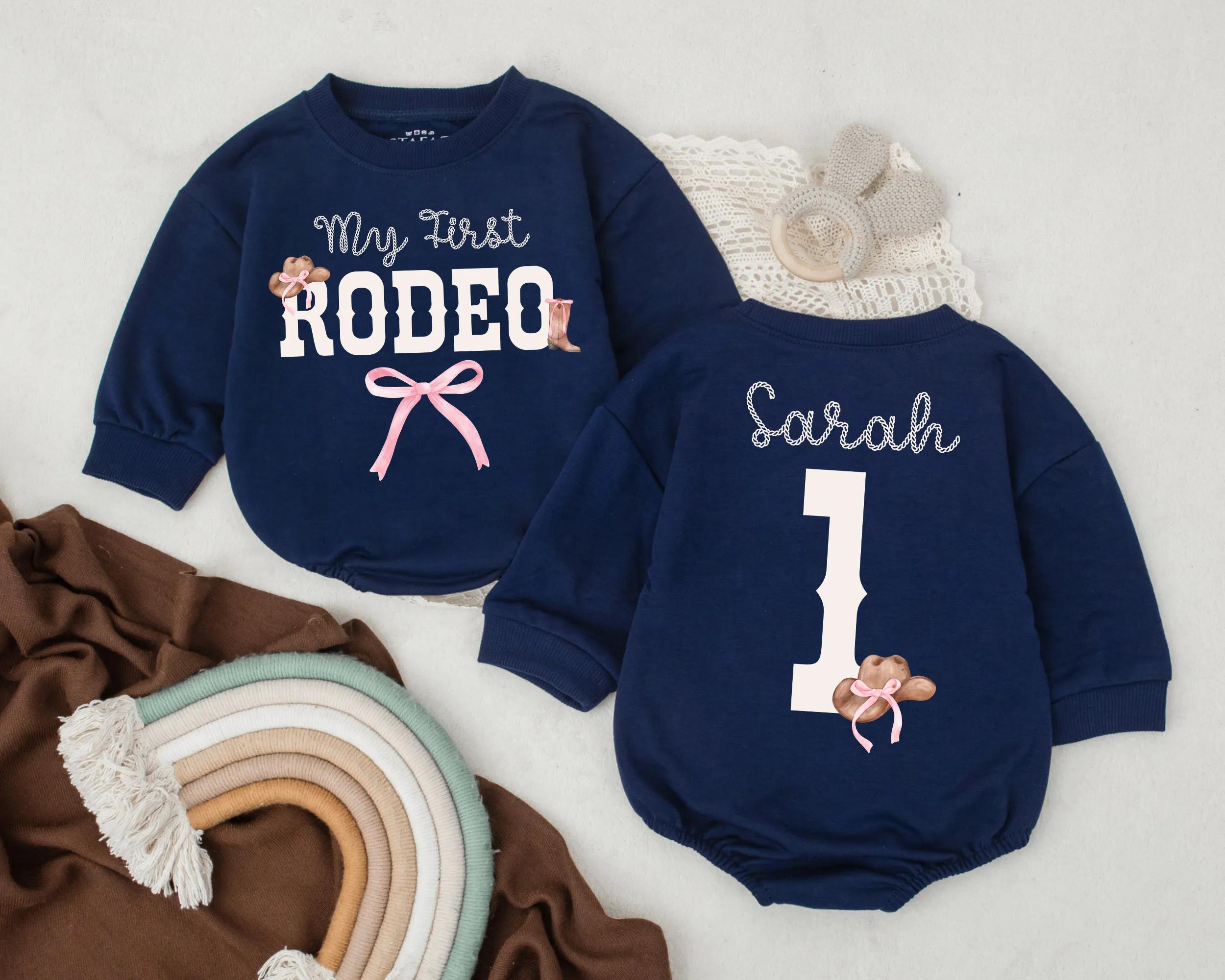Personalized My First Rodeo Baby Bodysuit with Cowboy Hat Horseshoe Pink Bow Custom Name Birthday Outfit Western Gift Idea