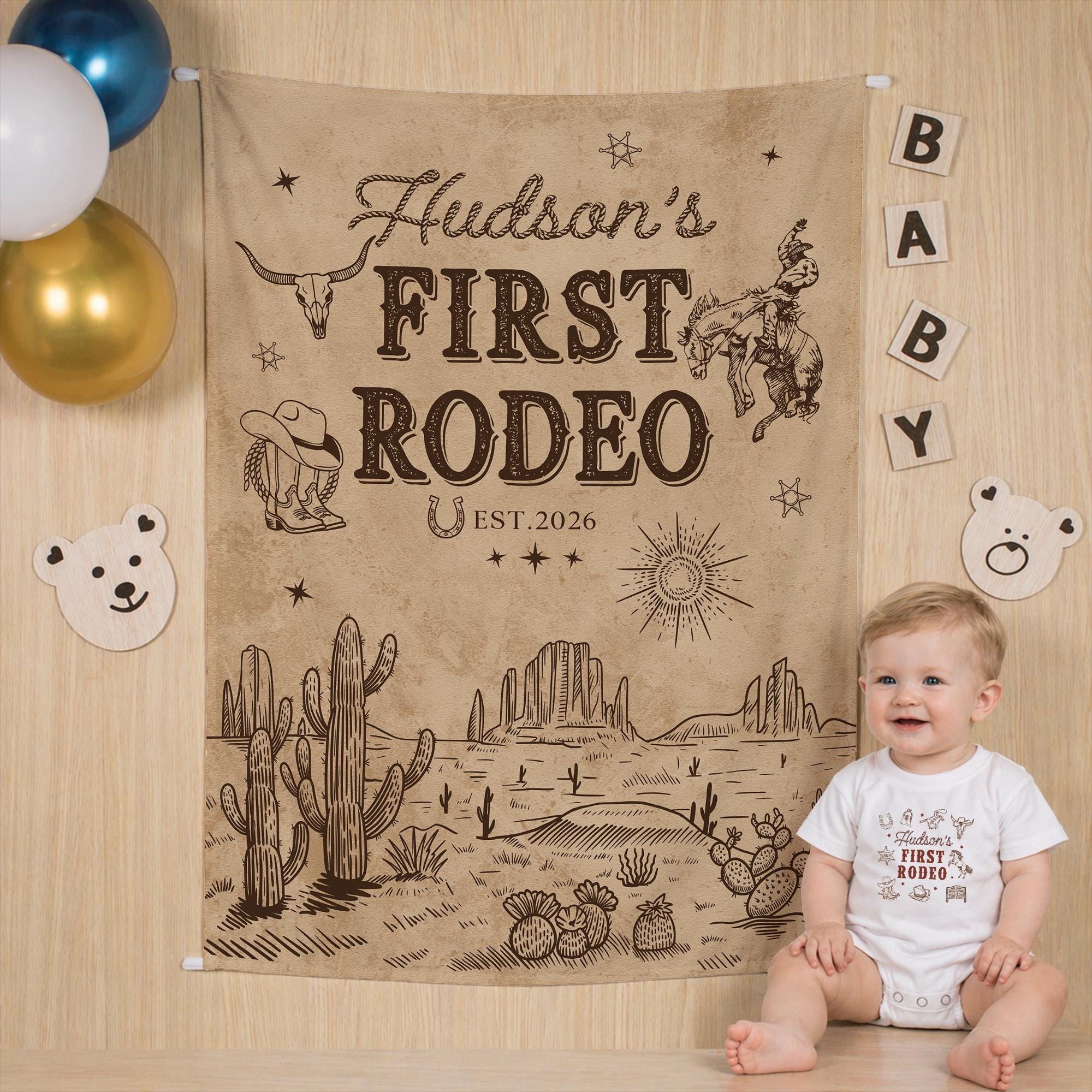 Personalized My First Rodeo Baby Boy Birthday Outfit with Cowboy Hat Romper and Custom Silk Banner Western Theme Party Gift Idea