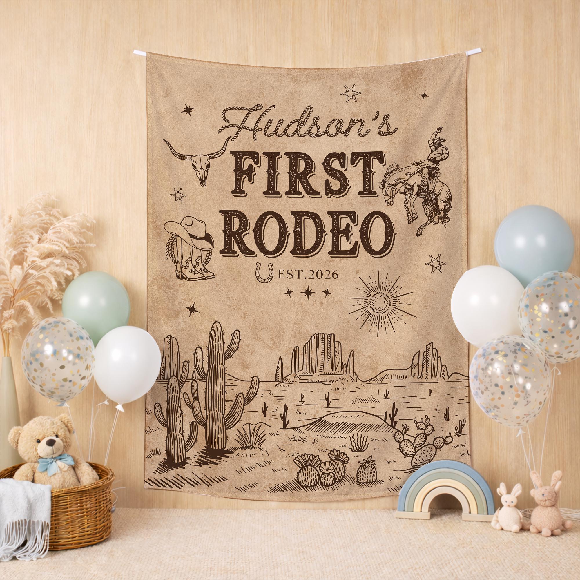 Personalized My First Rodeo Baby Boy Birthday Outfit with Cowboy Hat Romper and Custom Silk Banner Western Theme Party Gift Idea