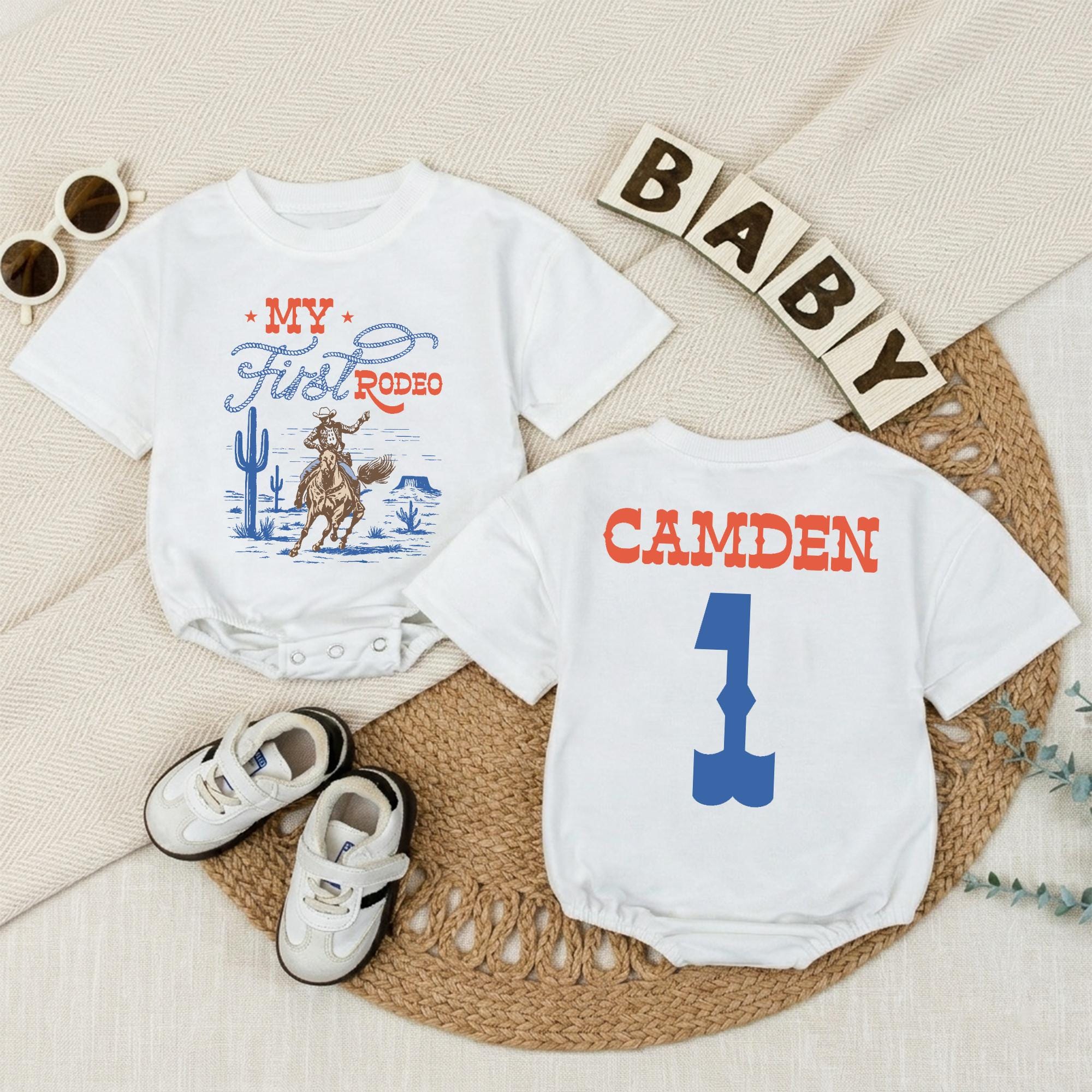 Personalized My First Rodeo Baby Romper with Cowboy Artwork, Custom Name & Number, Soft Cotton Outfit for First Birthday or Western Party