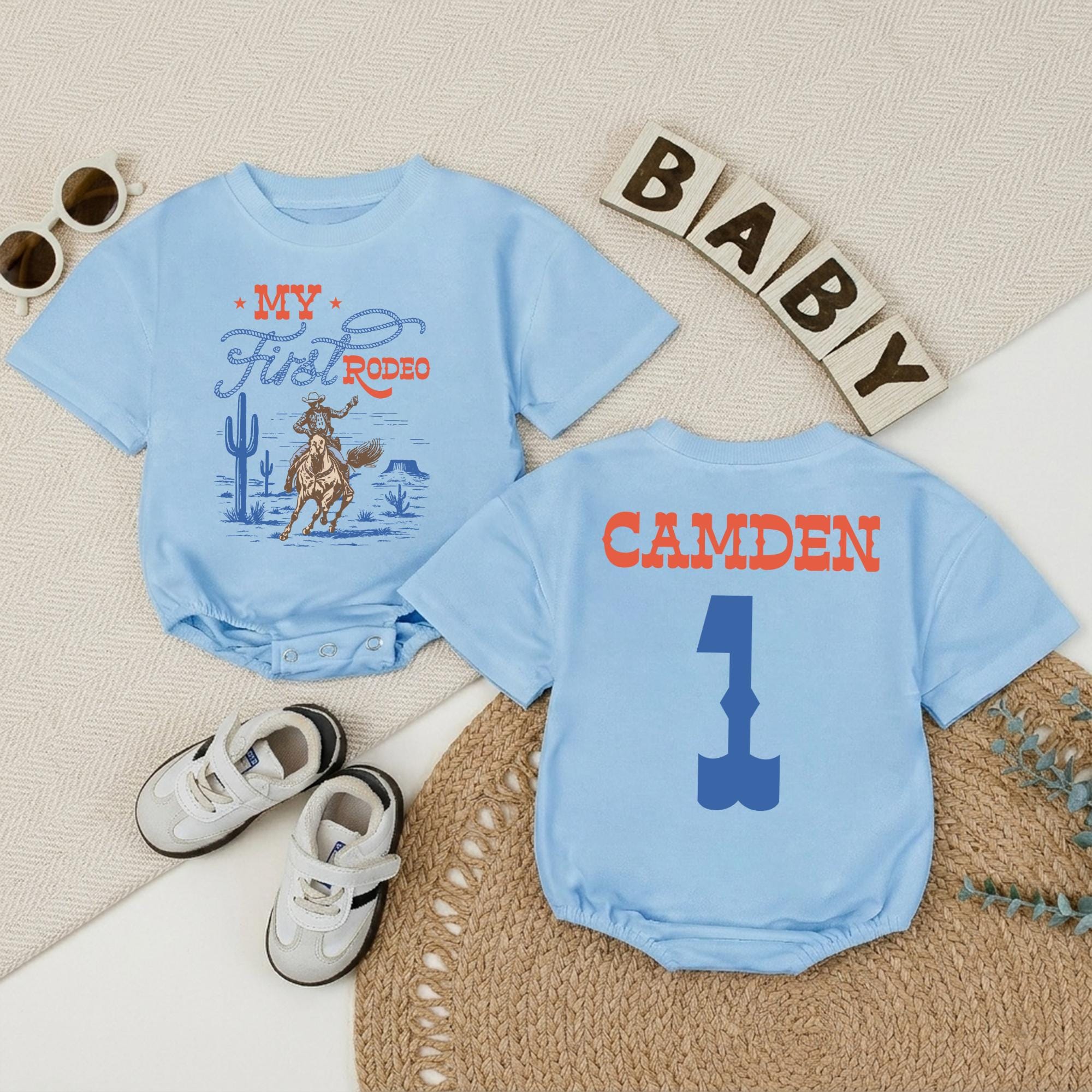Personalized My First Rodeo Baby Romper with Cowboy Artwork, Custom Name & Number, Soft Cotton Outfit for First Birthday or Western Party