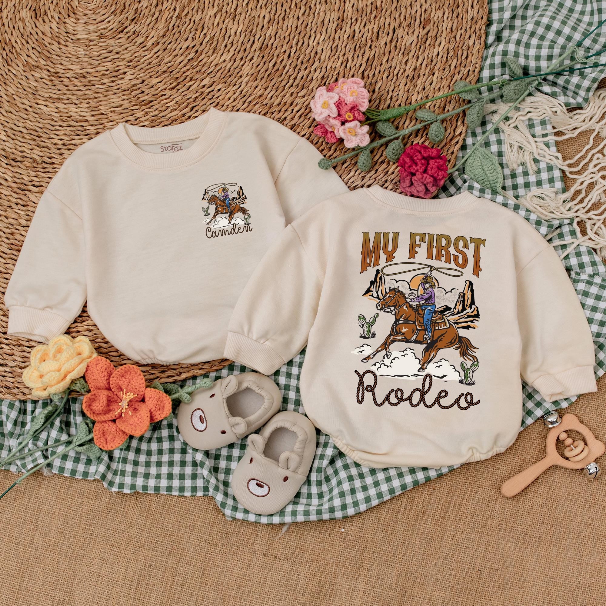 Personalized My First Rodeo Baby Romper Cowboy Birthday Outfit Western Style Infant Bodysuit Custom Name Earthy Desert Design