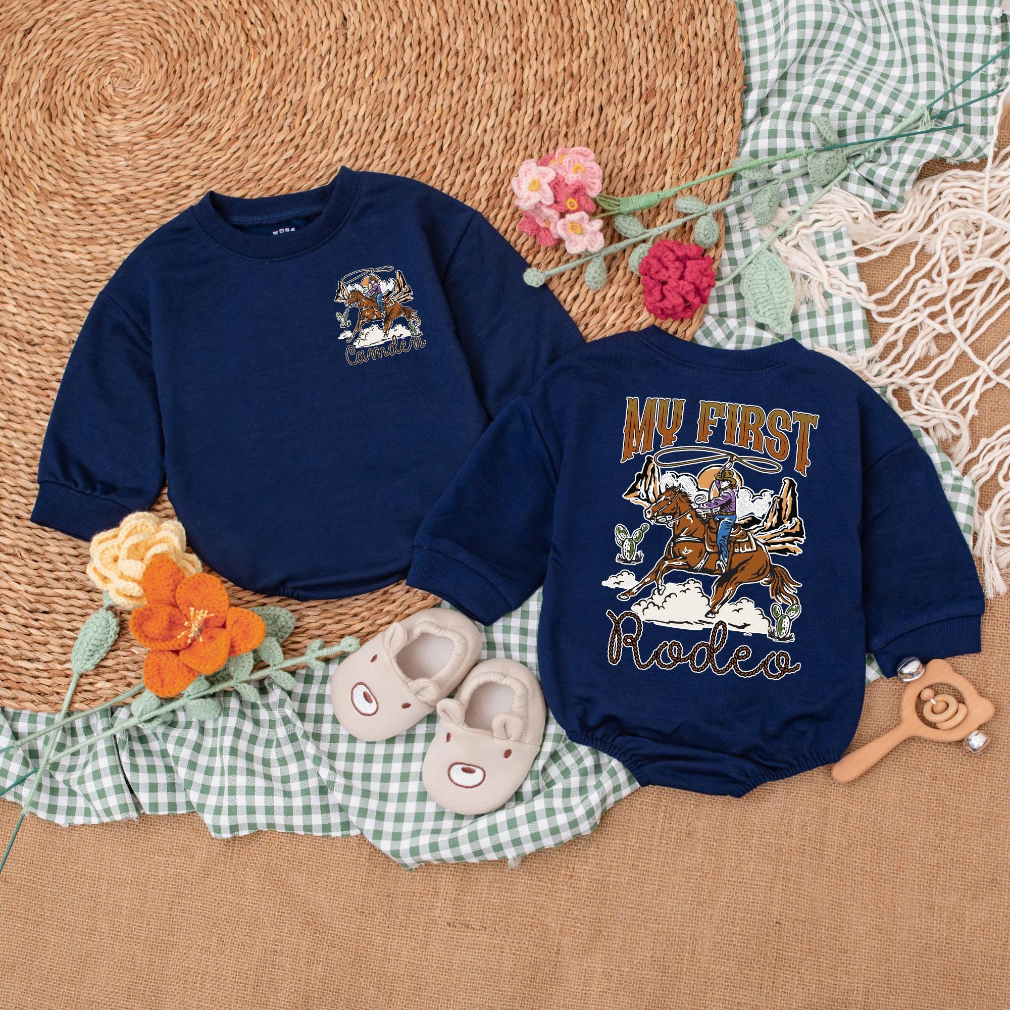 Personalized My First Rodeo Baby Romper Cowboy Birthday Outfit Western Style Infant Bodysuit Custom Name Earthy Desert Design