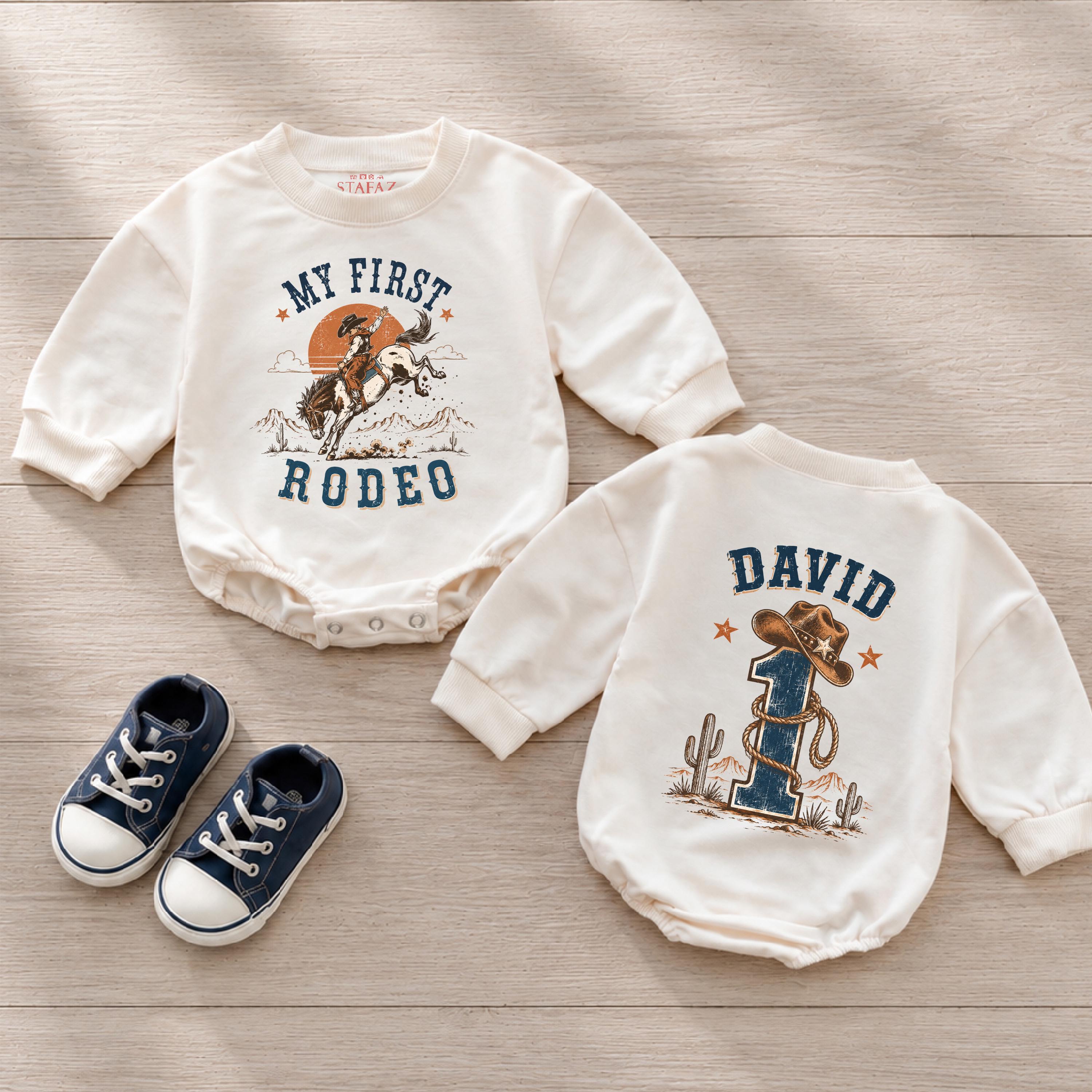 Personalized My First Rodeo Baby Romper with Cowboy Graphic, Long Sleeve Cotton Outfit for First Birthday, Custom Name Western Theme