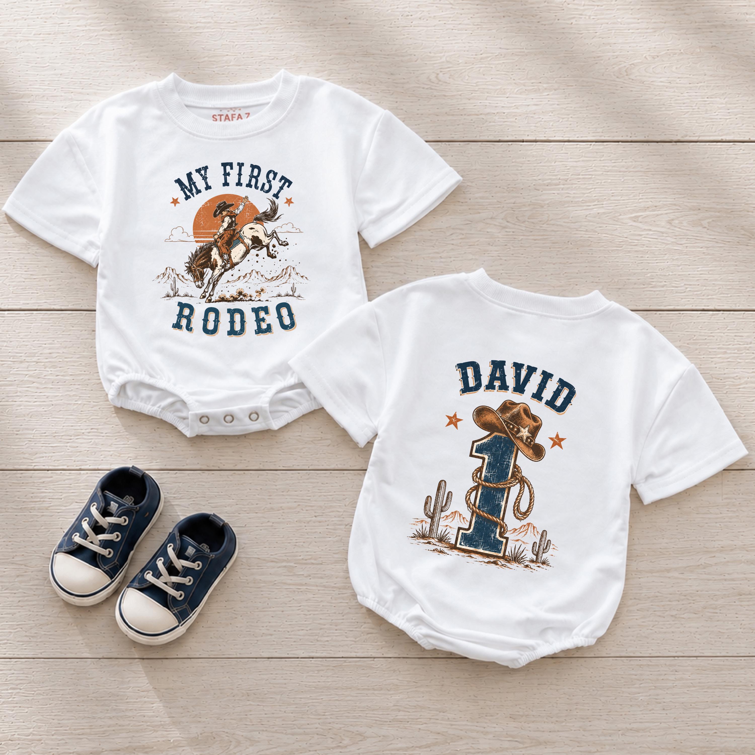 Personalized My First Rodeo Baby Romper with Cowboy Graphic, Long Sleeve Cotton Outfit for First Birthday, Custom Name Western Theme