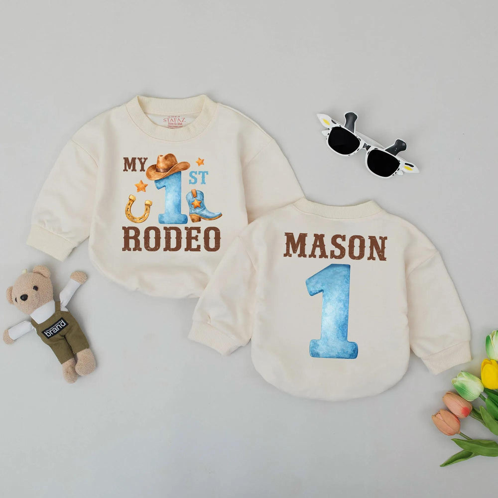 Personalized My First Rodeo Baby Romper with Cowboy Hat and Boot 1st Birthday Outfit Western Style Bodysuit for Boys Custom Name Gift