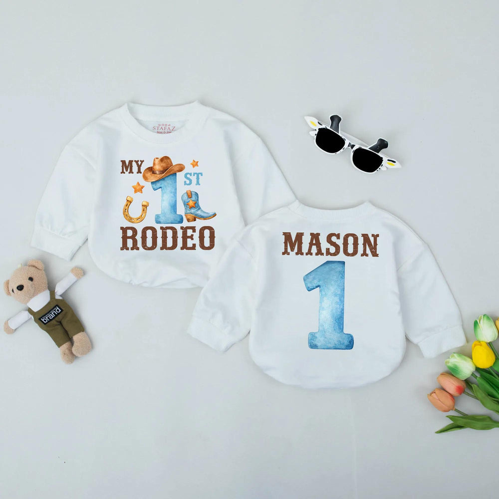 Personalized My First Rodeo Baby Romper with Cowboy Hat and Boot 1st Birthday Outfit Western Style Bodysuit for Boys Custom Name Gift