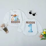 Personalized My First Rodeo Baby Romper with Cowboy Hat and Boot 1st Birthday Outfit Western Style Bodysuit for Boys Custom Name Gift