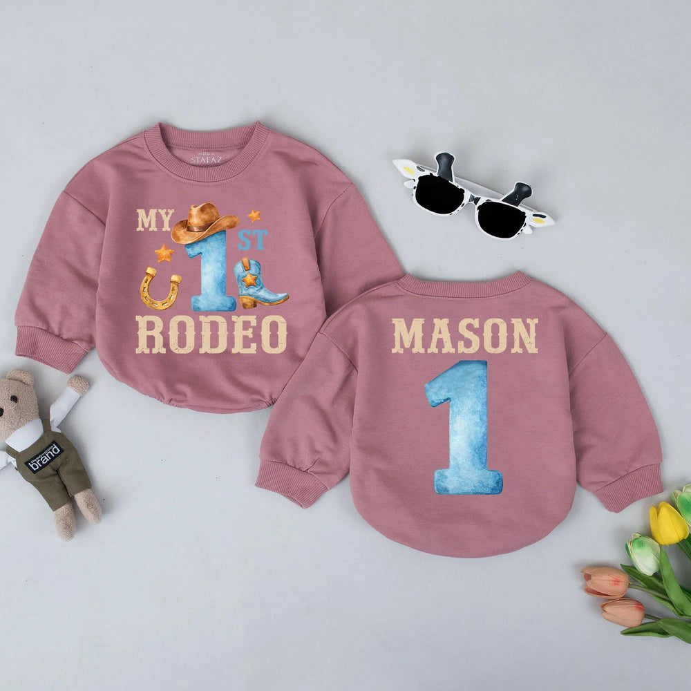 Personalized My First Rodeo Baby Romper with Cowboy Hat and Boot 1st Birthday Outfit Western Style Bodysuit for Boys Custom Name Gift