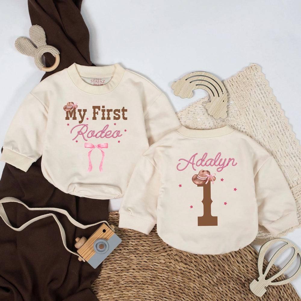 Personalized My First Rodeo Baby Romper Pink Cowgirl 1st Birthday Outfit Western Baby Girl Party Clothes with Name and Cowboy Hat Design