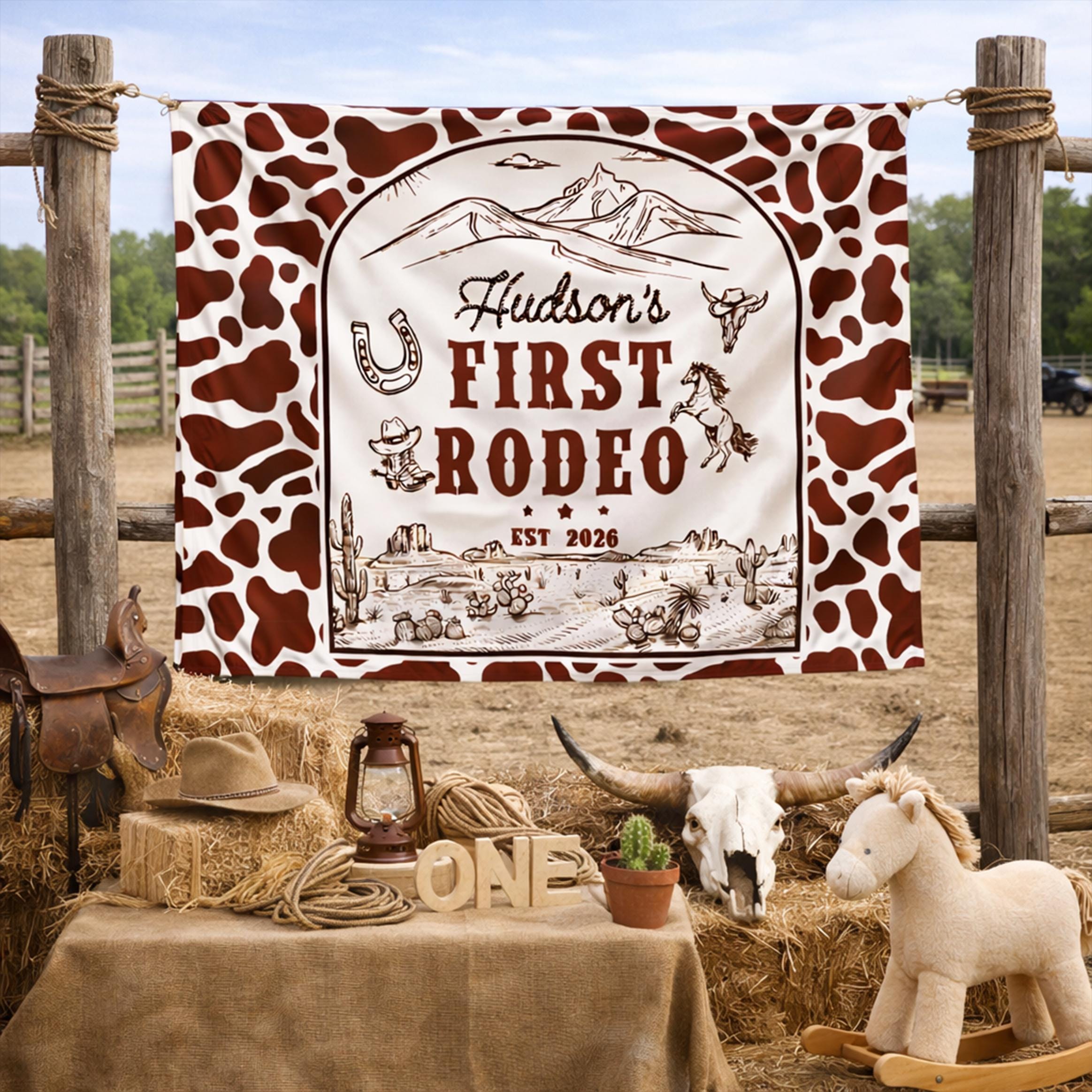 Personalized My First Rodeo Birthday Banner for Baby or Toddler Party, Western Cowboy Theme with Name, Year, Cactus Design, Brown Colors
