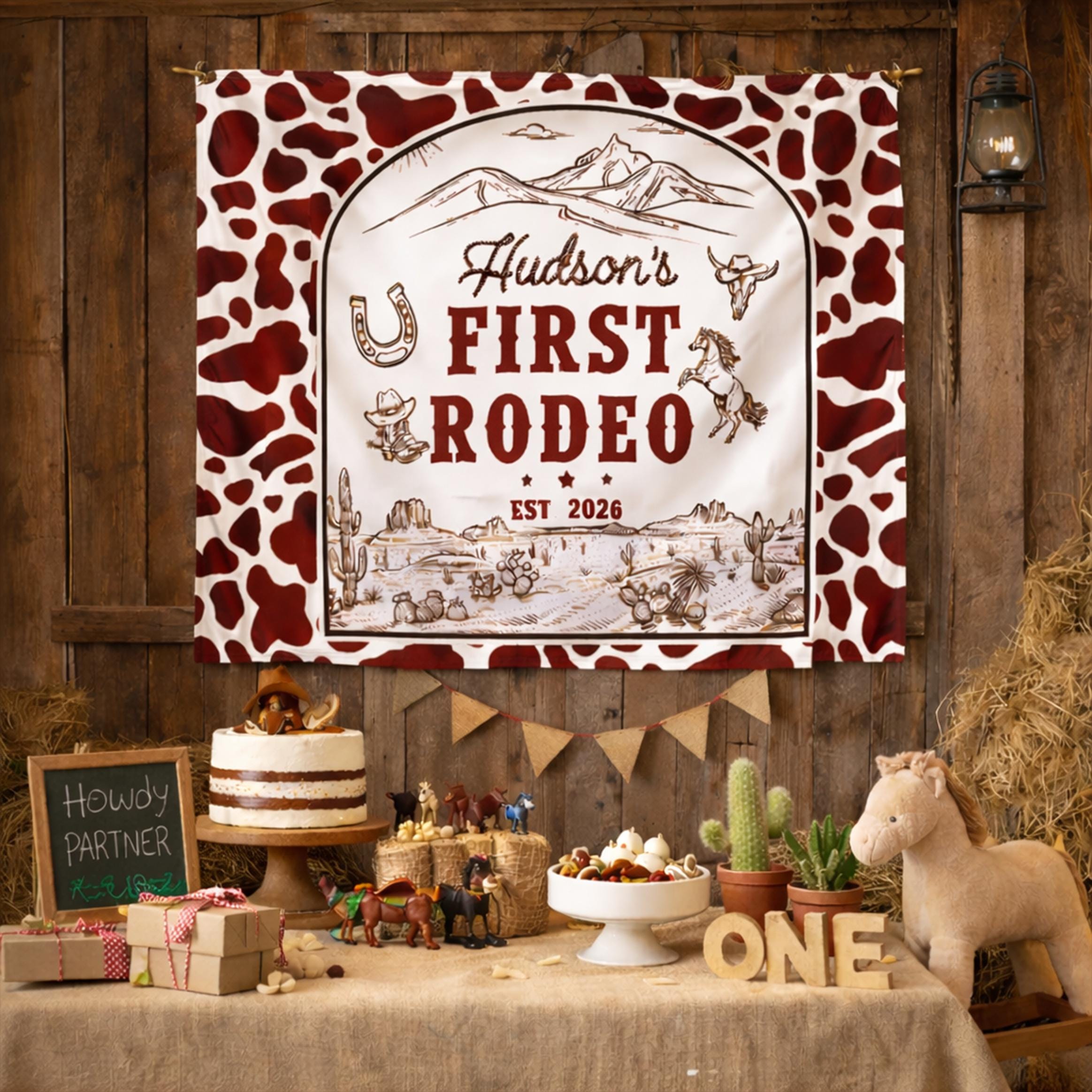 Personalized My First Rodeo Birthday Banner for Baby or Toddler Party, Western Cowboy Theme with Name, Year, Cactus Design, Brown Colors
