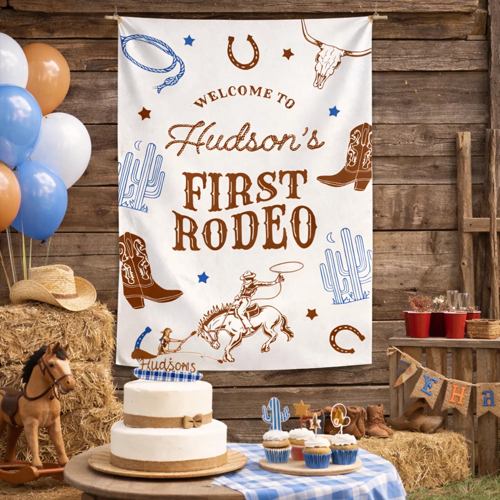 Personalized My First Rodeo Birthday Banner with Hudson's Name, Cowboy Party Silk Backdrop for Baby or Toddler's 1st Birthday Celebration
