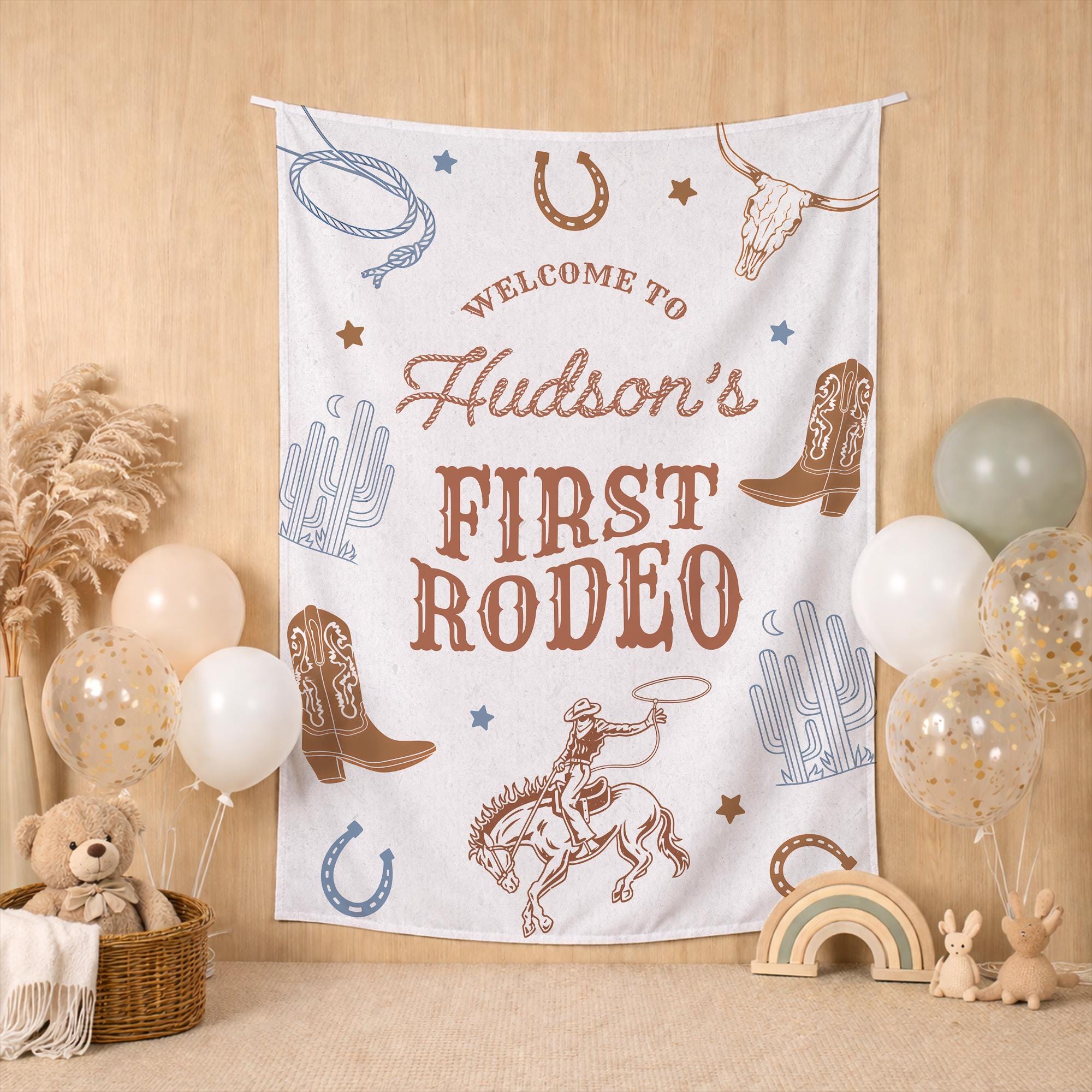 Personalized My First Rodeo Birthday Banner with Hudson's Name, Cowboy Party Silk Backdrop for Baby or Toddler's 1st Birthday Celebration