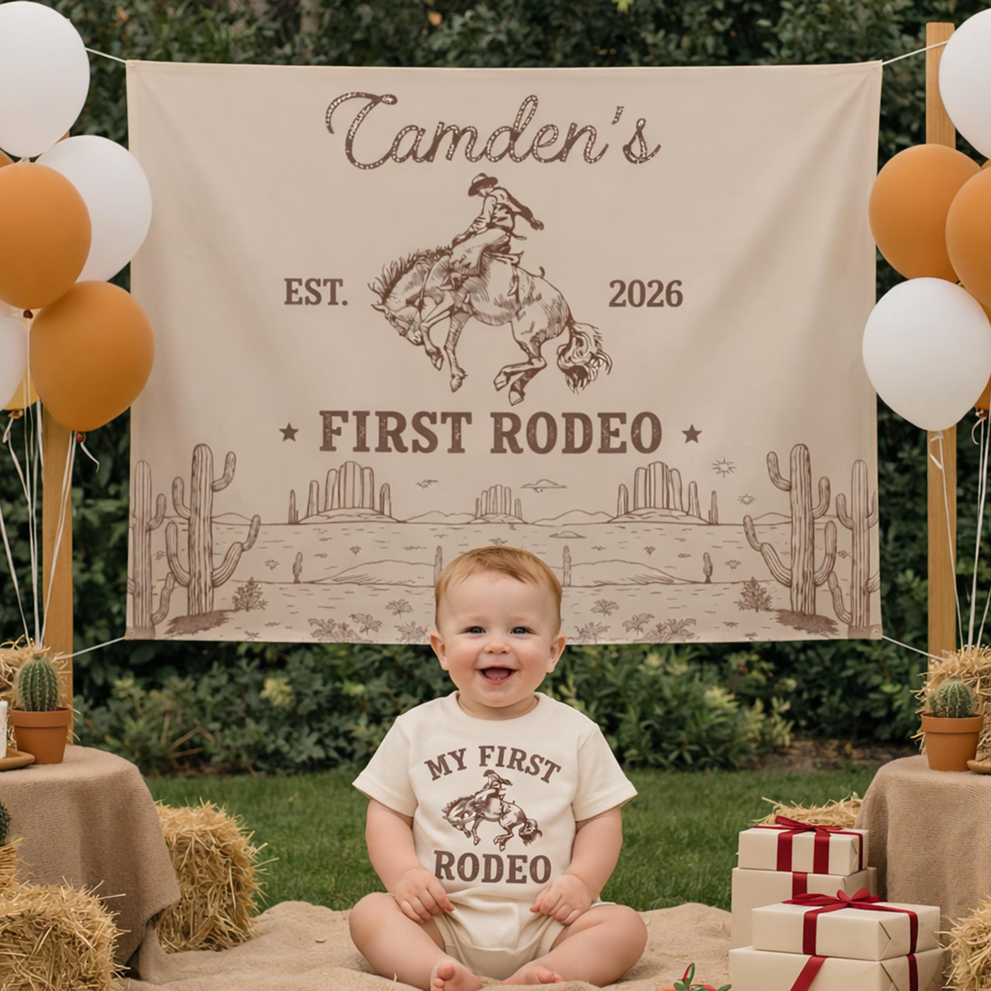 Personalized My First Rodeo Birthday Boy Outfit with Silk Banner and Western Cowboy 1st Birthday Romper, Custom Party Backdrop Photo Prop