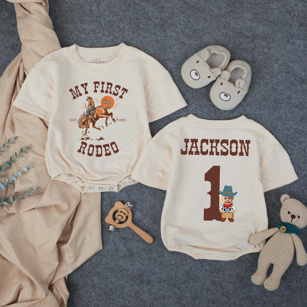 Personalized My First Rodeo Birthday Outfit for Baby Boy with Cowboy Theme, Custom Name and Age, Rustic Western First Birthday Romper