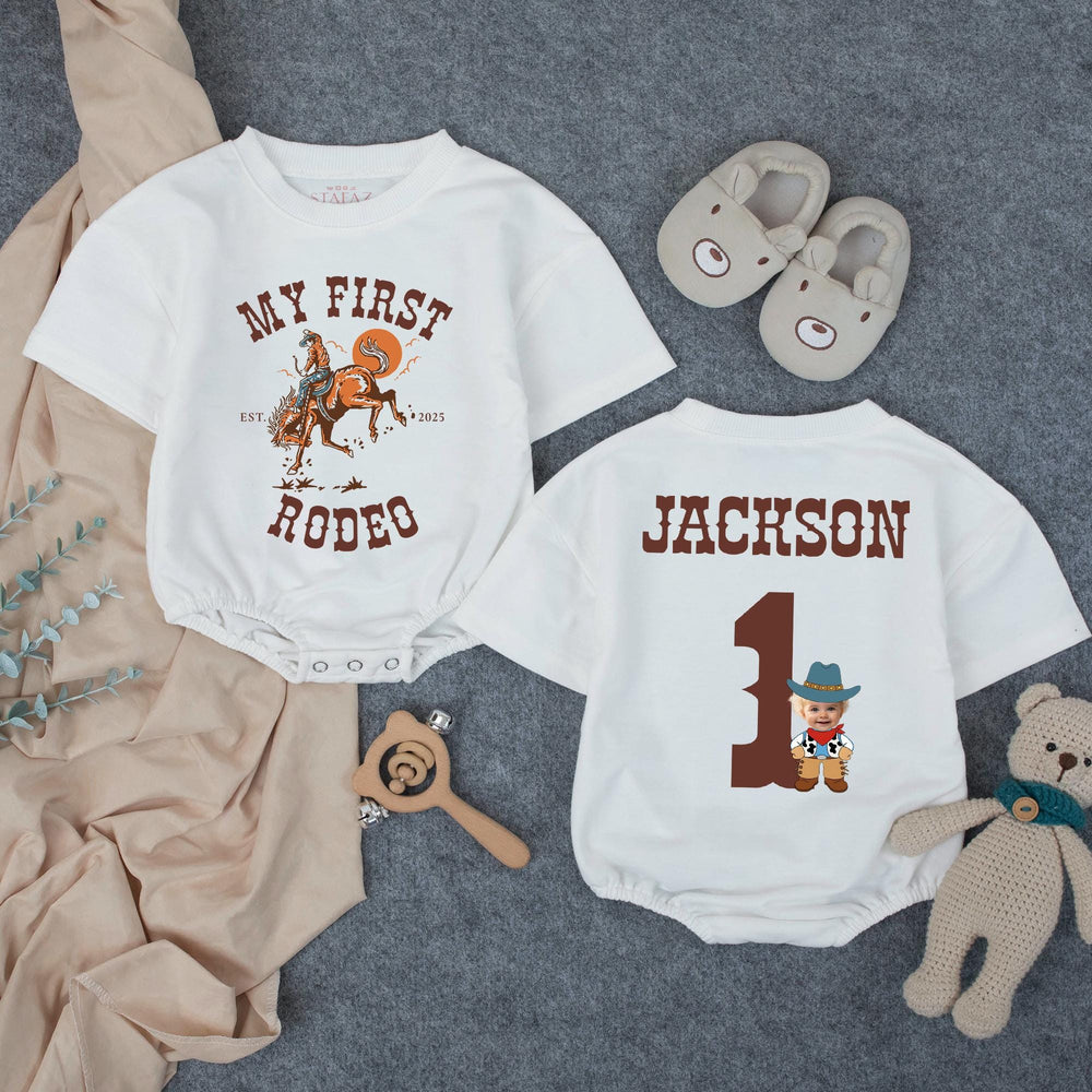 Personalized My First Rodeo Birthday Outfit for Baby Boy with Cowboy Theme, Custom Name and Age, Rustic Western First Birthday Romper
