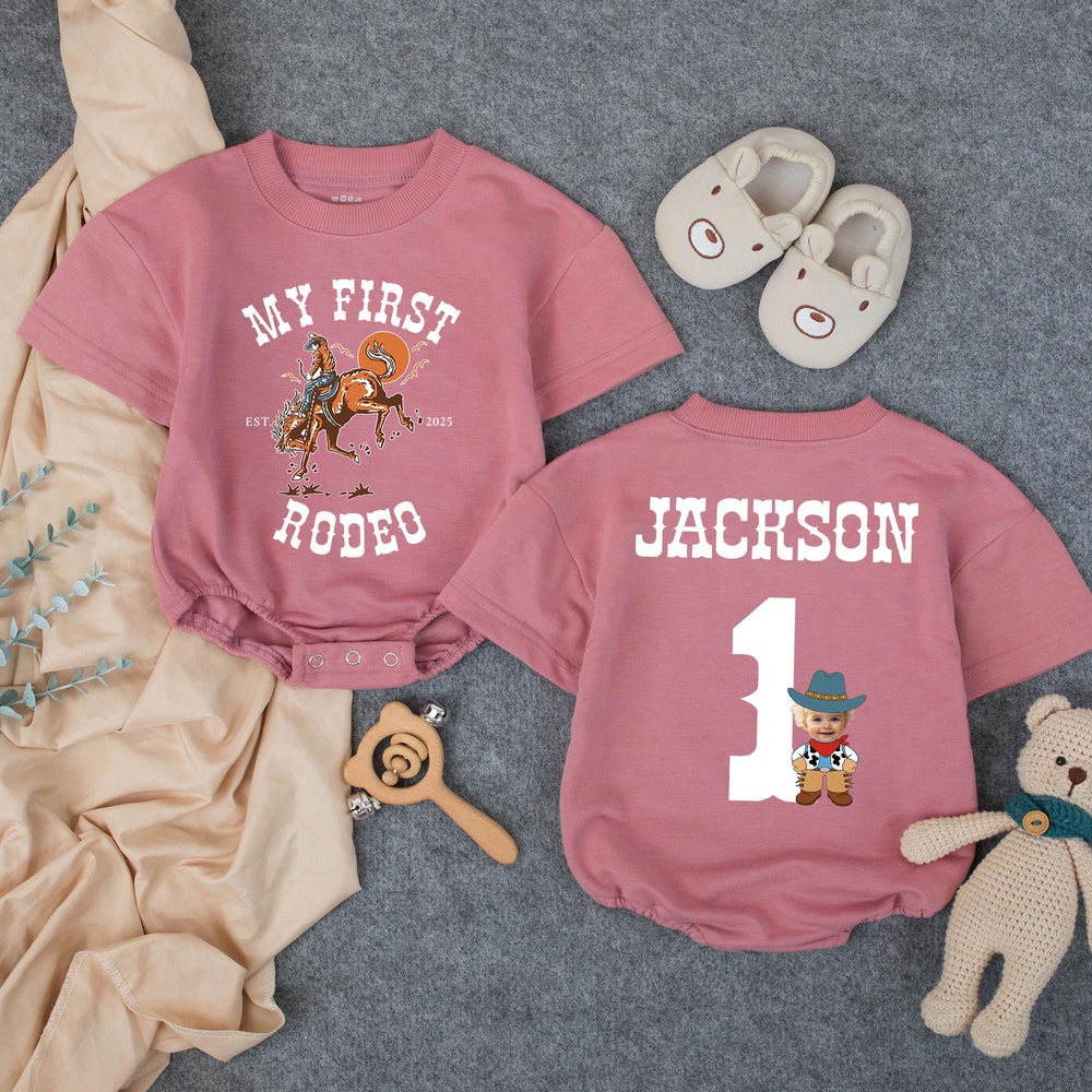 Personalized My First Rodeo Birthday Outfit for Baby Boy with Cowboy Theme, Custom Name and Age, Rustic Western First Birthday Romper