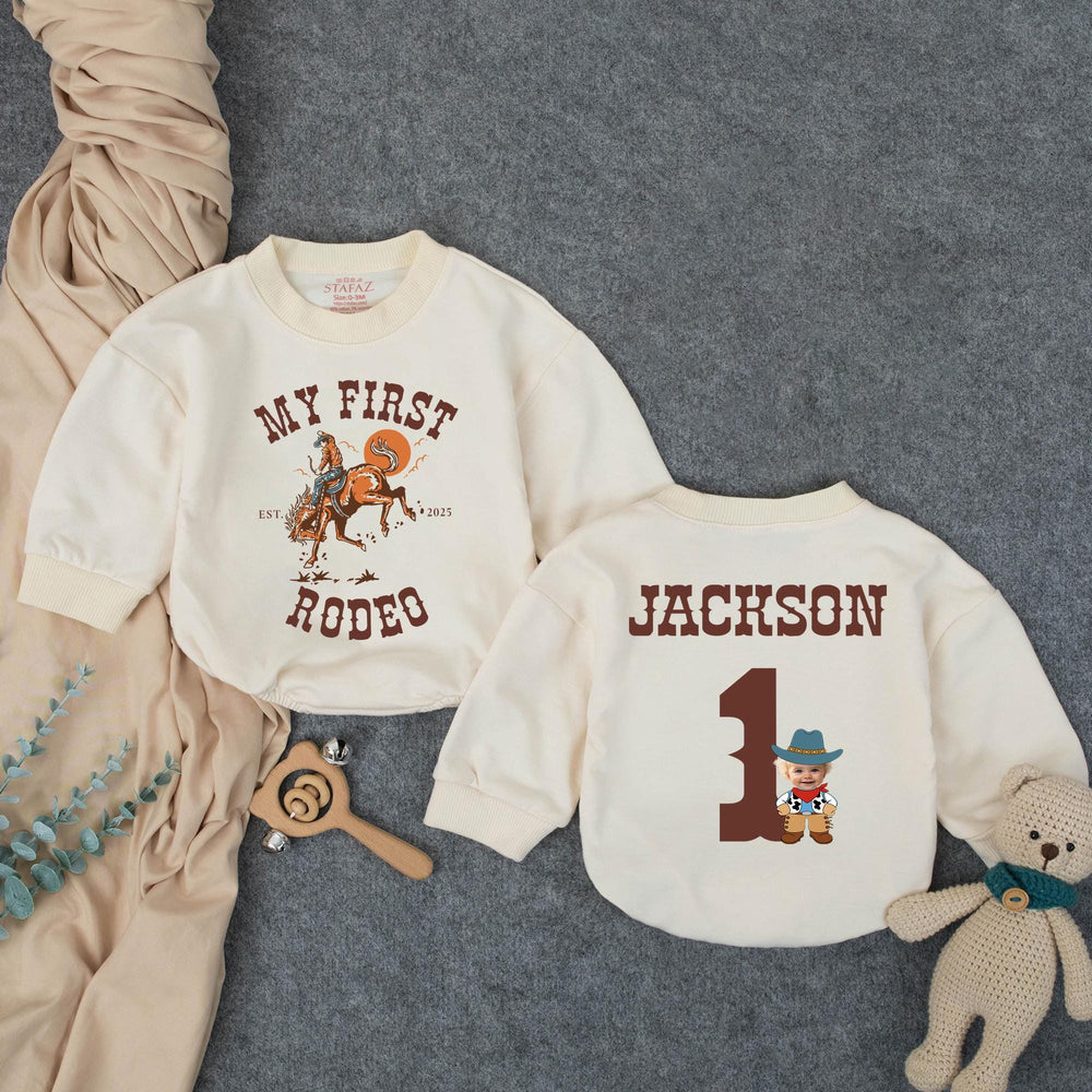 Personalized My First Rodeo Birthday Outfit for Baby Boy with Cowboy Theme, Custom Name and Age, Rustic Western First Birthday Romper