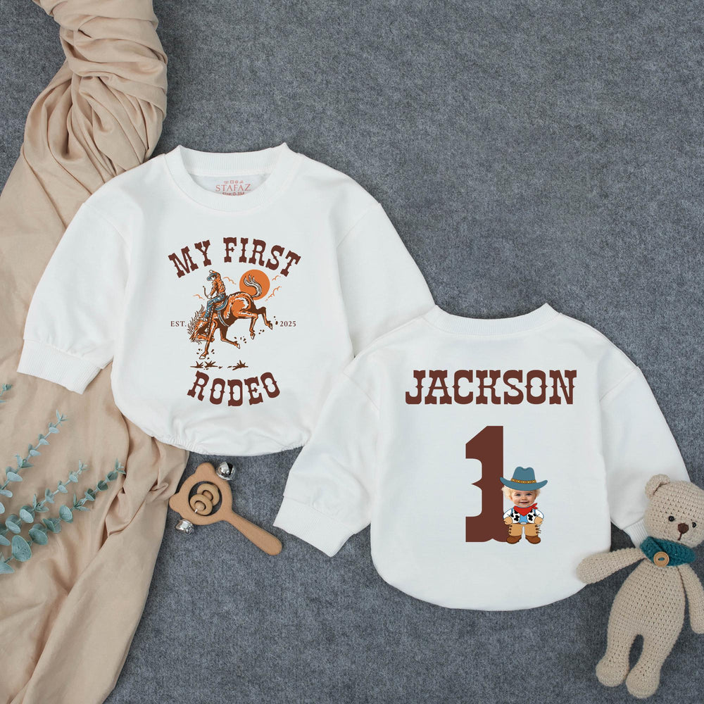 Personalized My First Rodeo Birthday Outfit for Baby Boy with Cowboy Theme, Custom Name and Age, Rustic Western First Birthday Romper