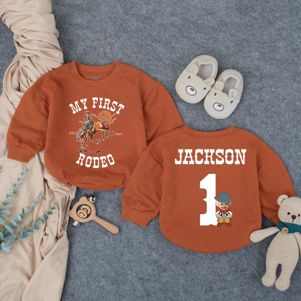 Personalized My First Rodeo Birthday Outfit for Baby Boy with Cowboy Theme, Custom Name and Age, Rustic Western First Birthday Romper