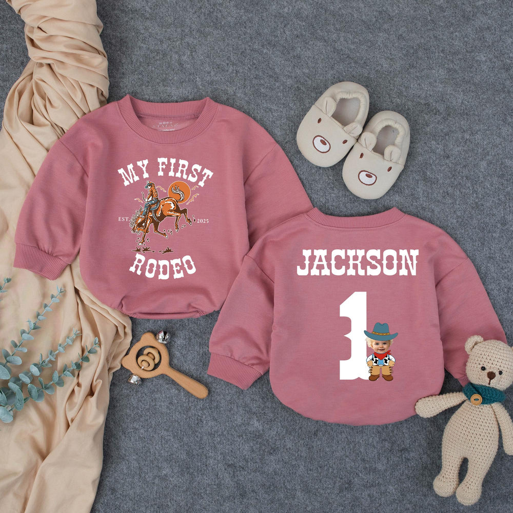 Personalized My First Rodeo Birthday Outfit for Baby Boy with Cowboy Theme, Custom Name and Age, Rustic Western First Birthday Romper
