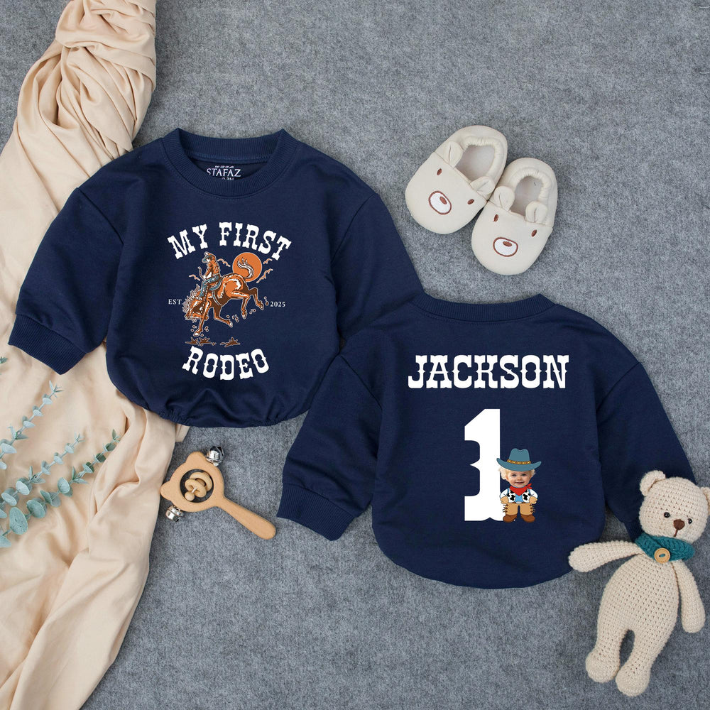 Personalized My First Rodeo Birthday Outfit for Baby Boy with Cowboy Theme, Custom Name and Age, Rustic Western First Birthday Romper